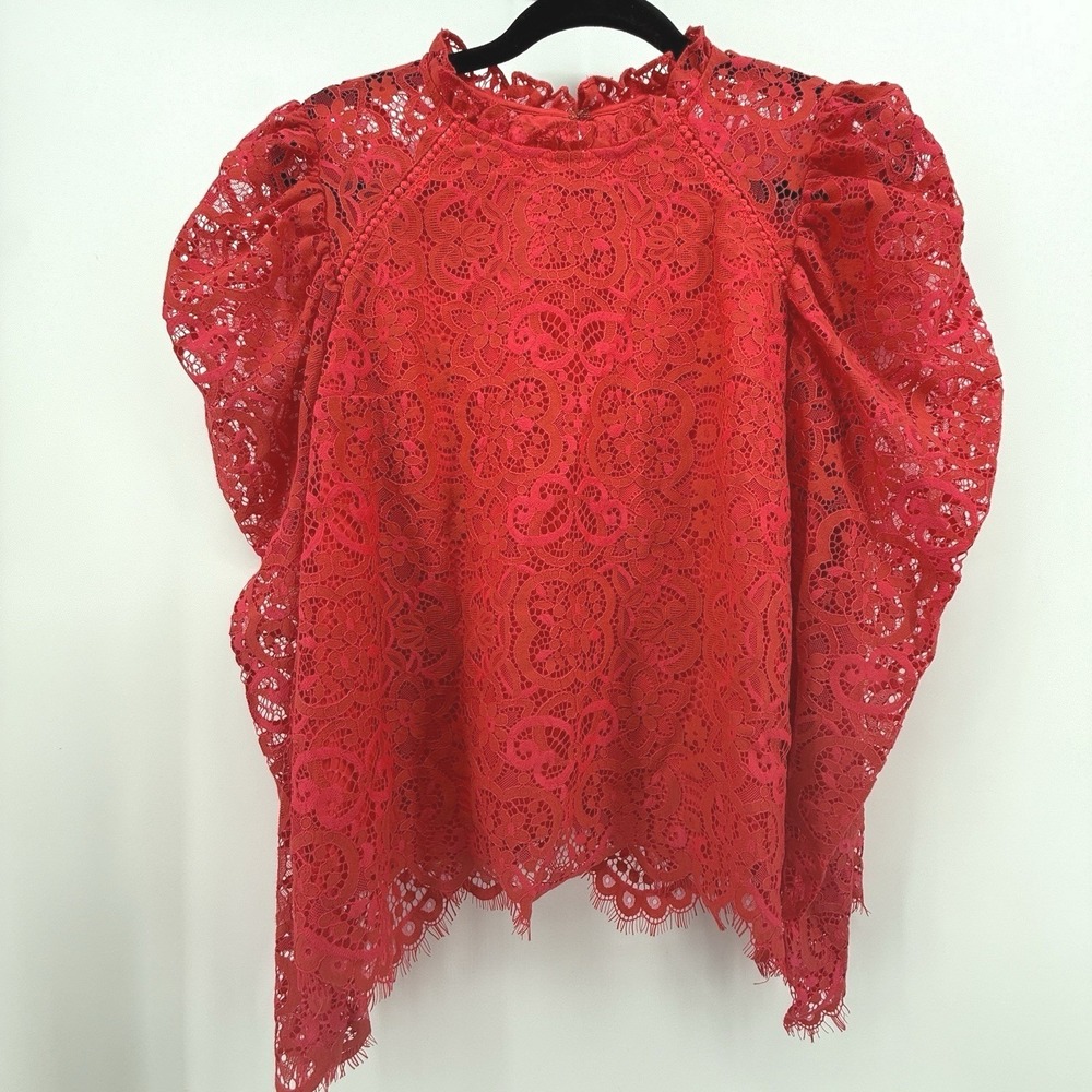 Unknown Brand Lace Puff Sleeve Top Womens Red Floral High Neck Romantic Blouse